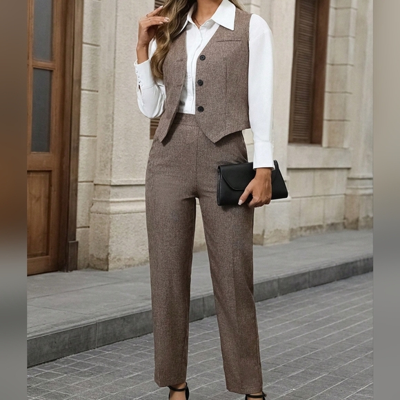 Pants - Front Button Blouse And Pocket Casual Pants Suit